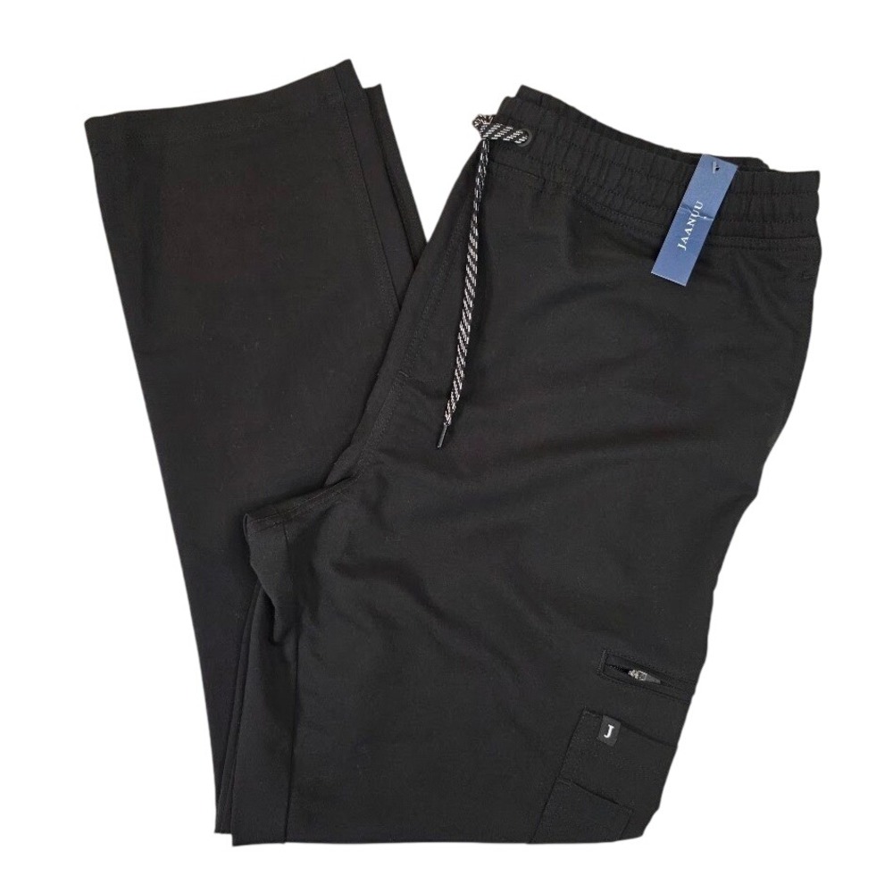 Jaanuu Mens L Slim Fit Scrub Pants Black Cargo Drawstring Straight Leg J85016
